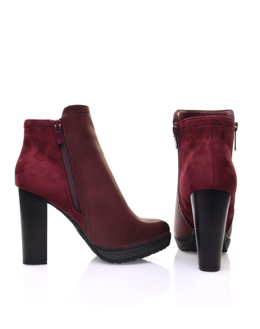 Bottines à talons bordeaux bi matières