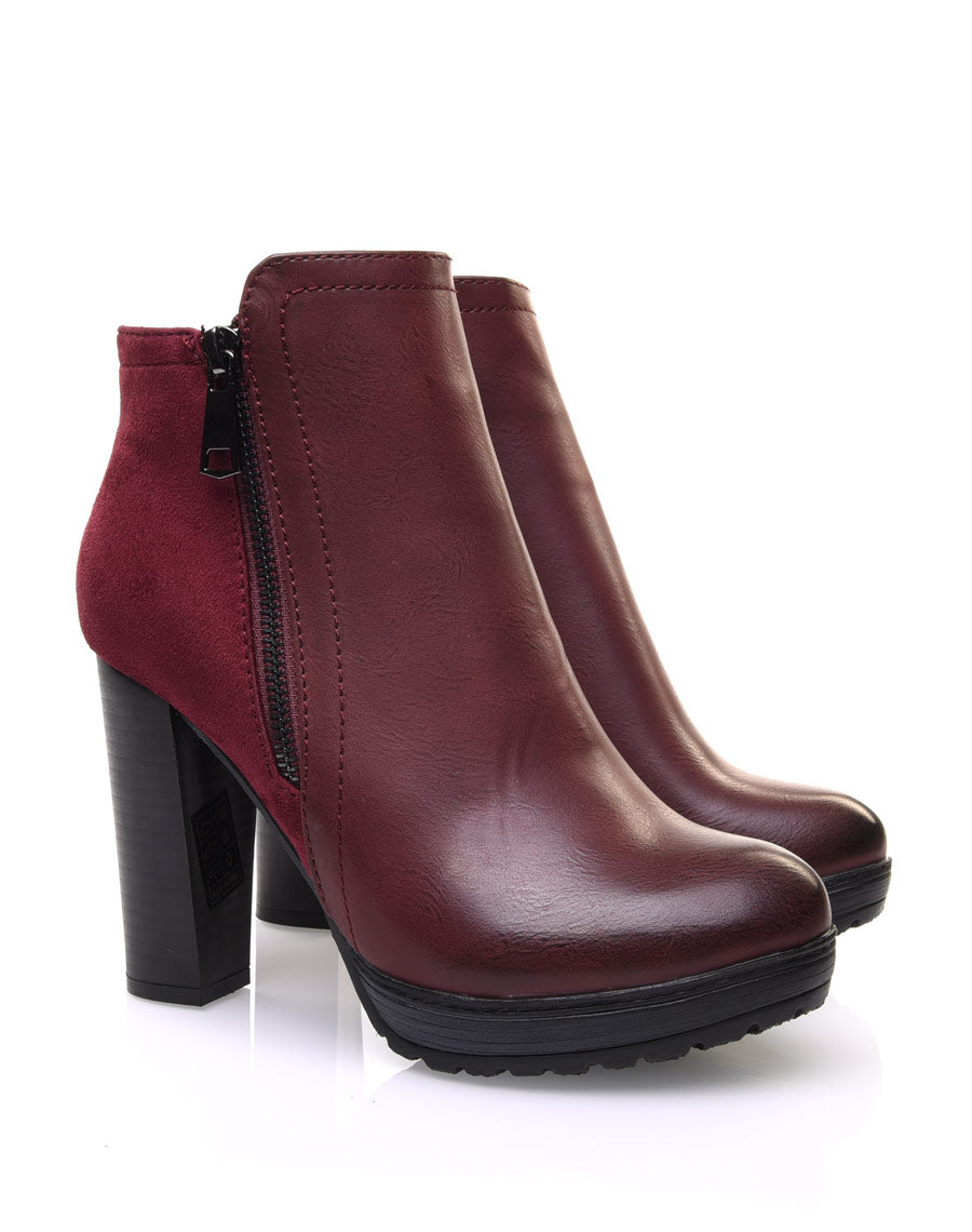 Bottines à talons bordeaux bi matières