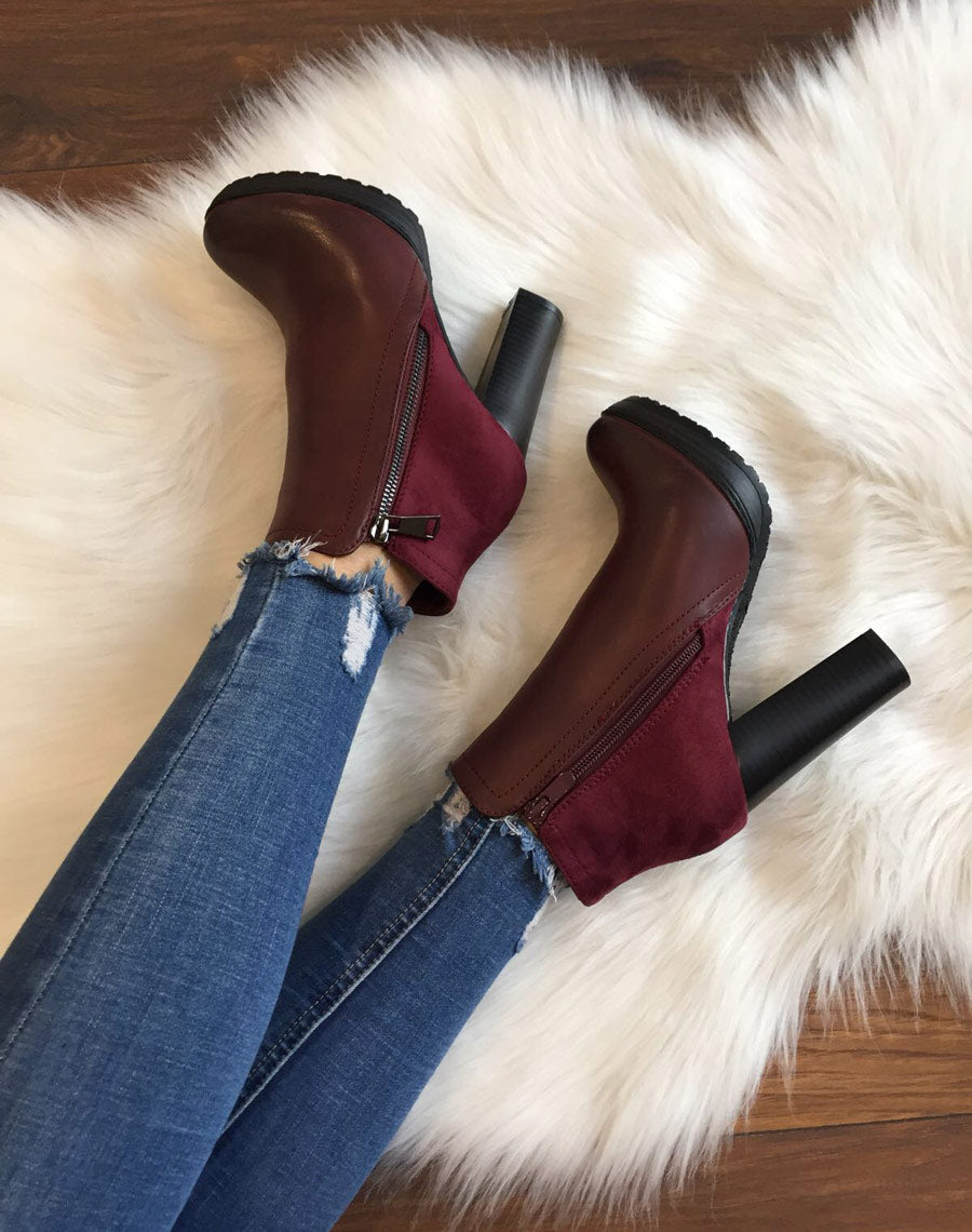 Bottines à talons bordeaux bi matières