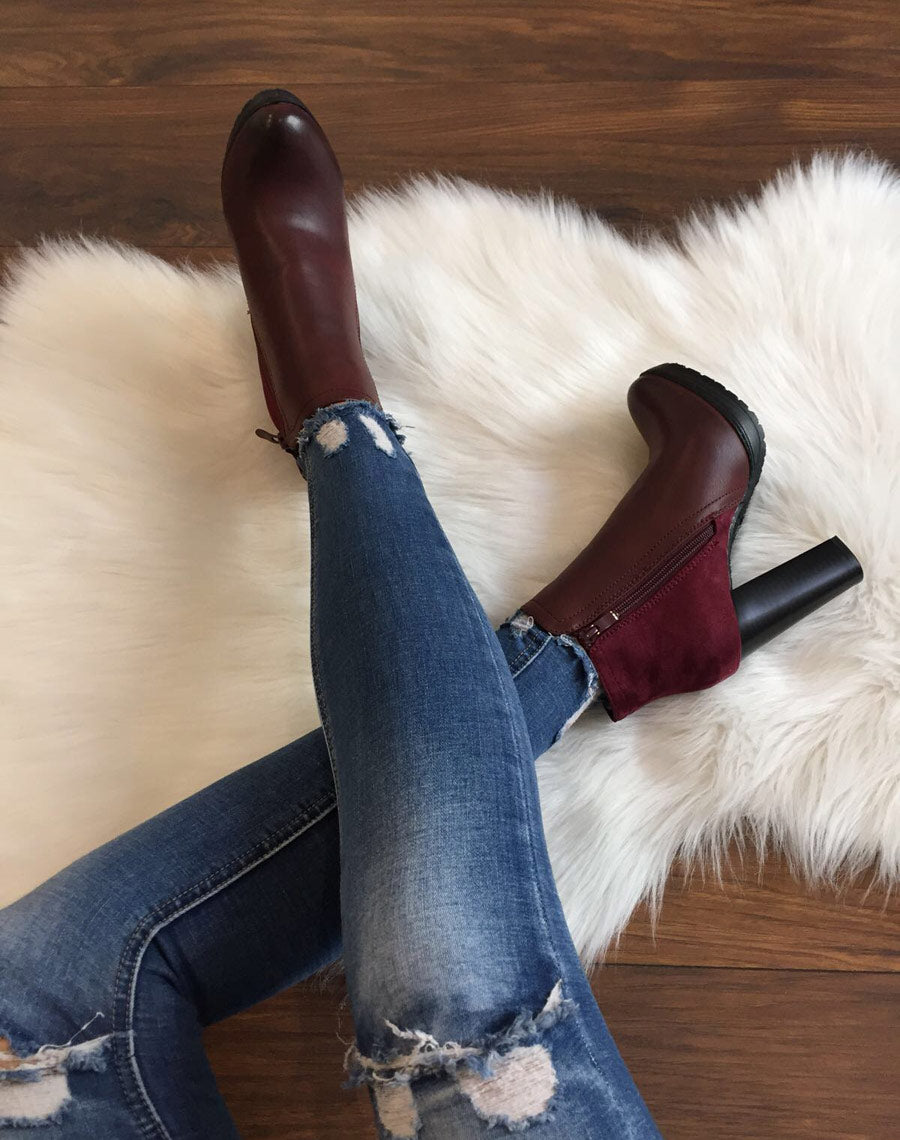 Bottines à talons bordeaux bi matières
