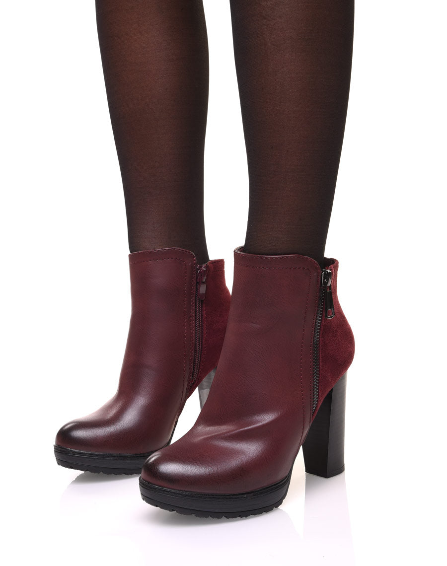 Bottines à talons bordeaux bi matières