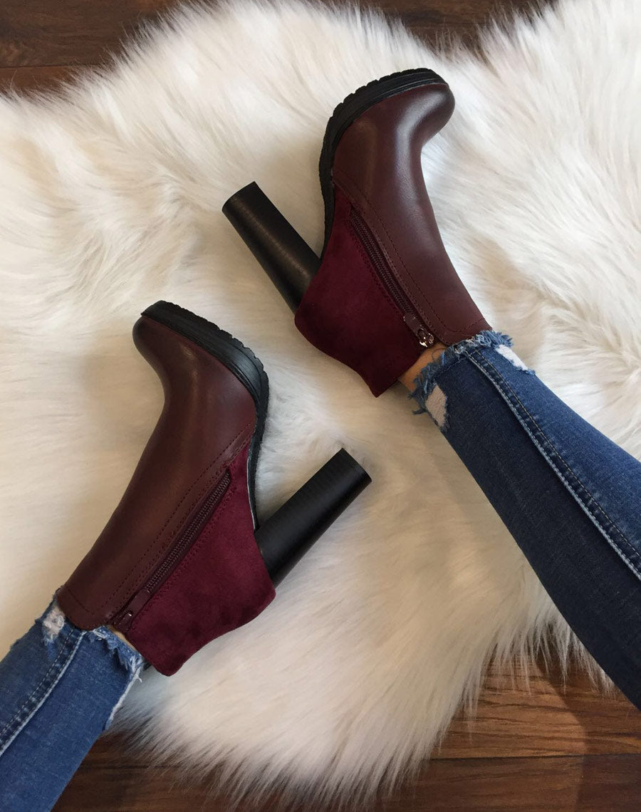 Bottines à talons bordeaux bi matières