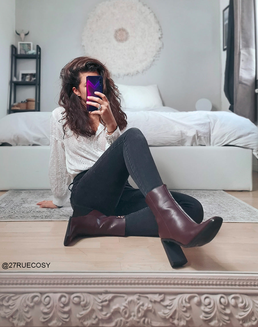 Bottines à talons bordeaux à bout carré