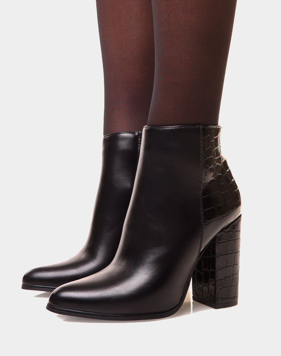 Bottines à talons et à bout pointu bi-matières effet croco vernis