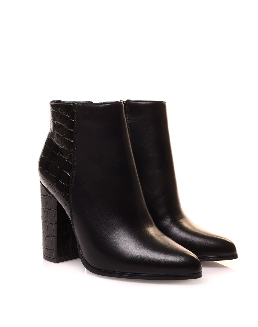 Bottines à talons et à bout pointu bi-matières effet croco vernis
