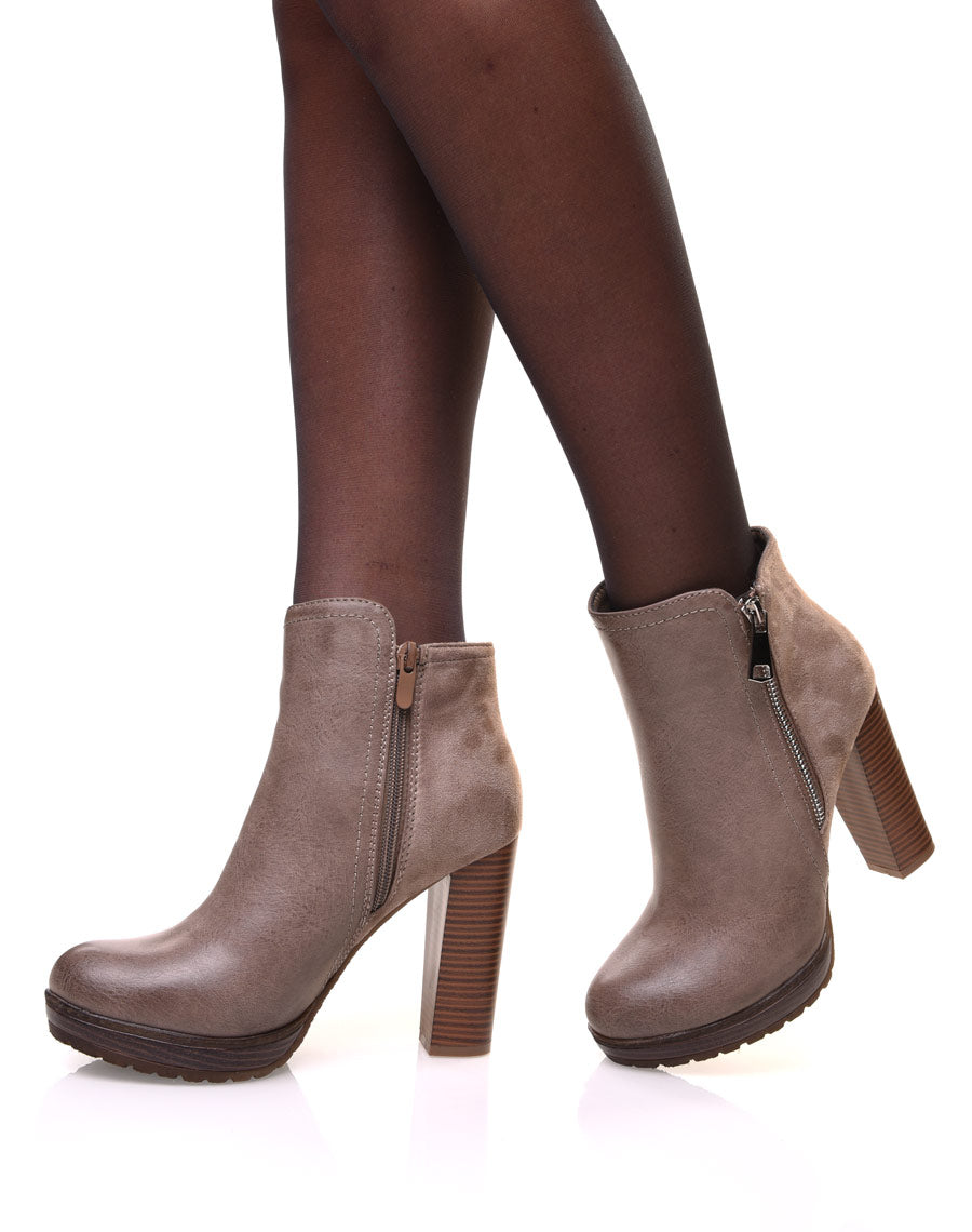 Bottines à talons kaki bi-matières