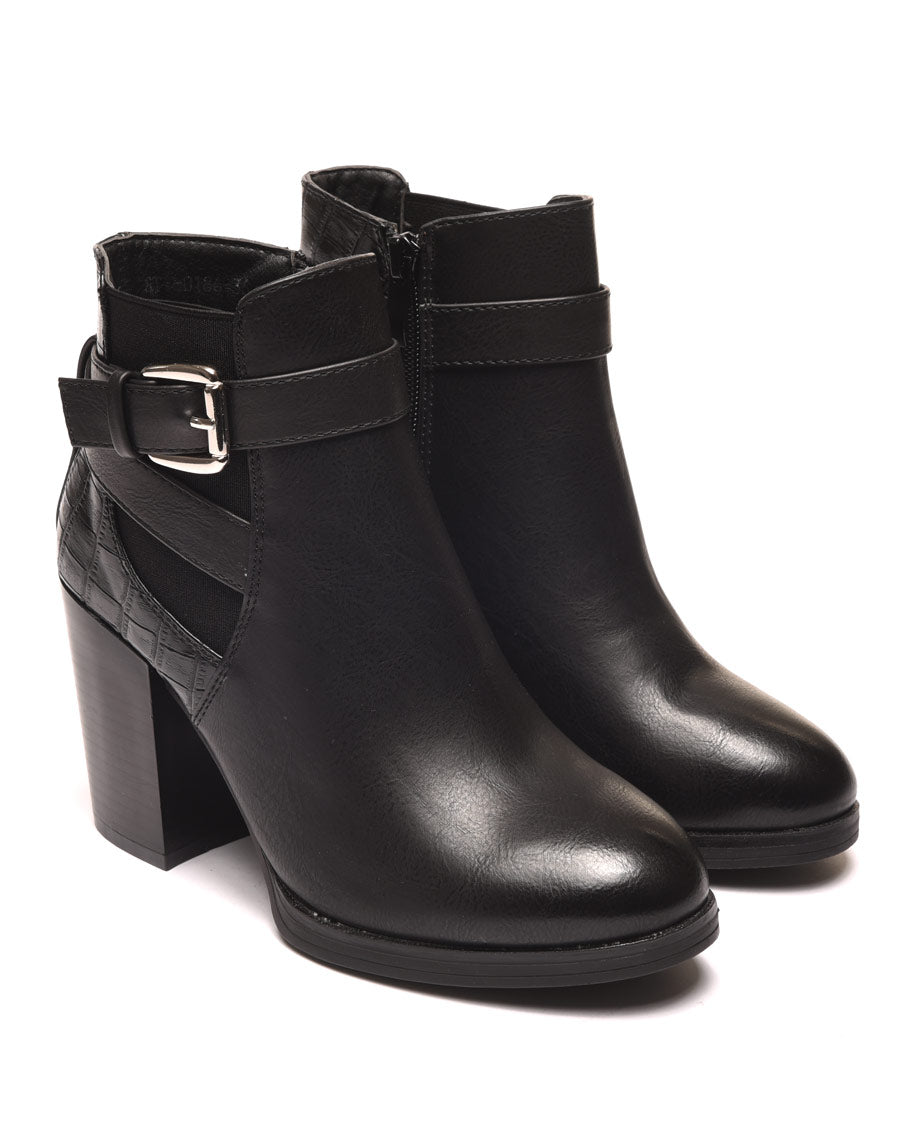 Bottines à talons noires avec lanière et détail crocodile