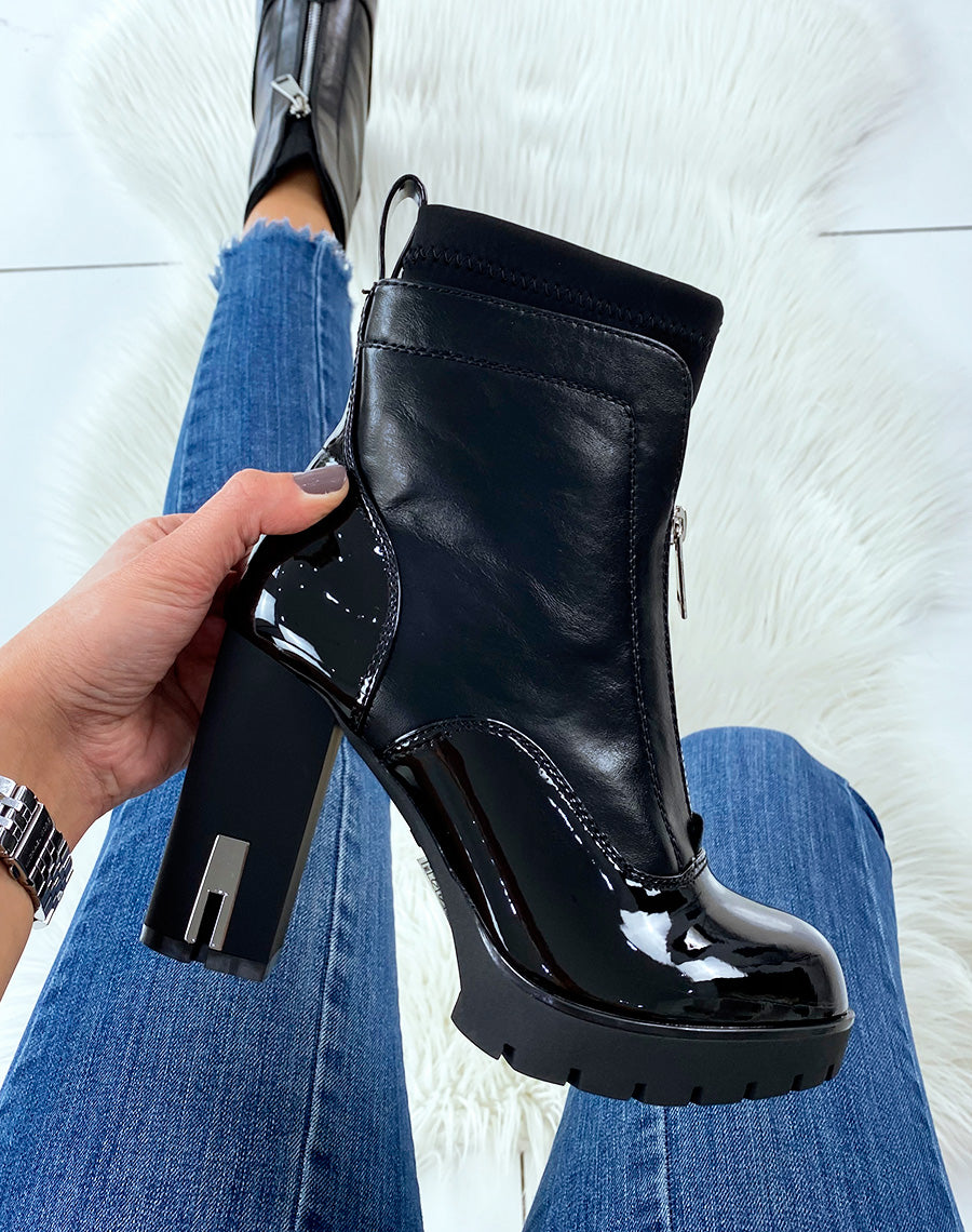 Bottines à talons noires bi-matières