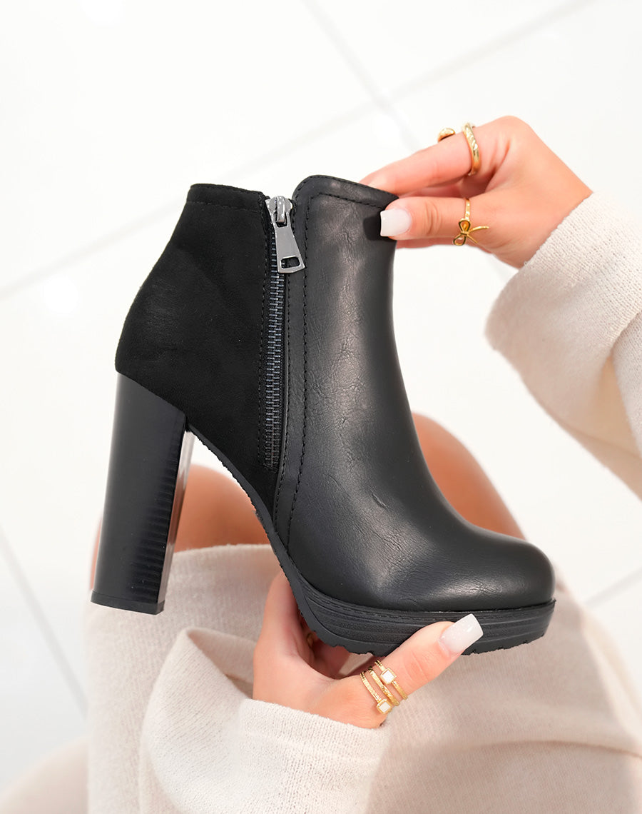 Bottines à talons noires bi matières