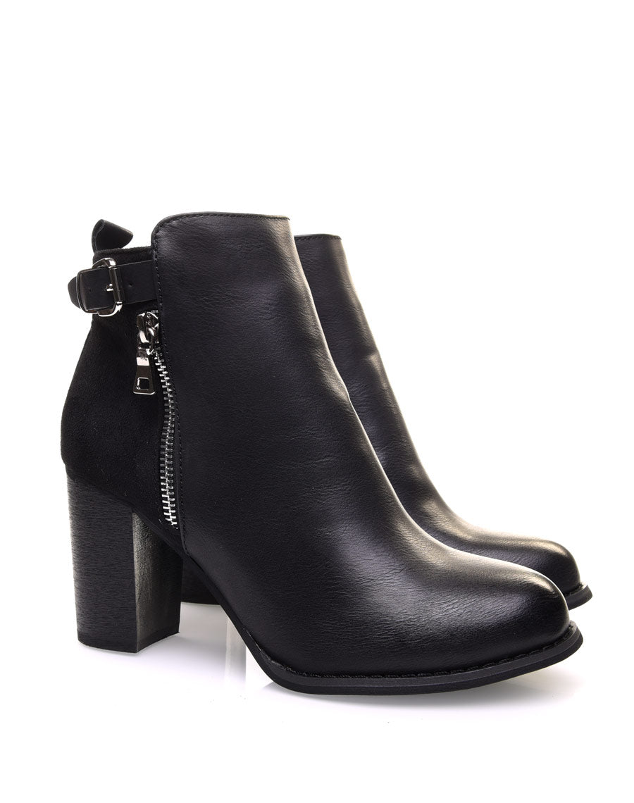 Bottines à talons noires bi matières avec sangle