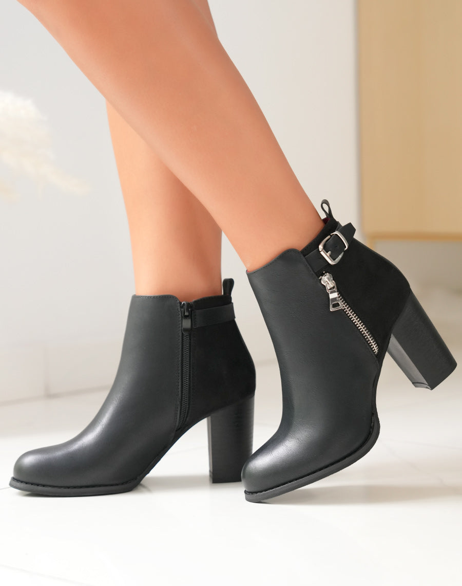 Bottines à talons noires bi matières avec sangle
