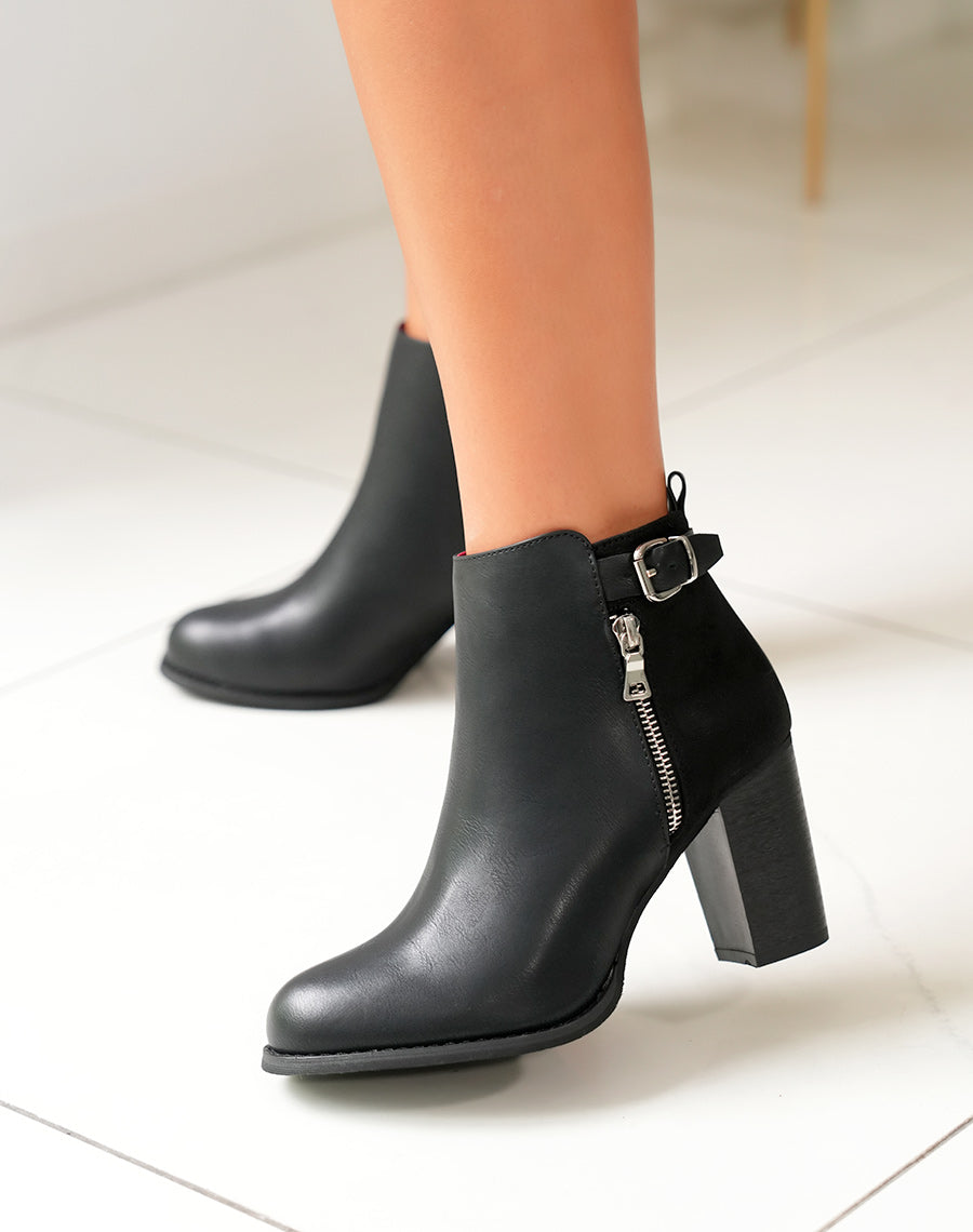 Bottines à talons noires bi matières avec sangle
