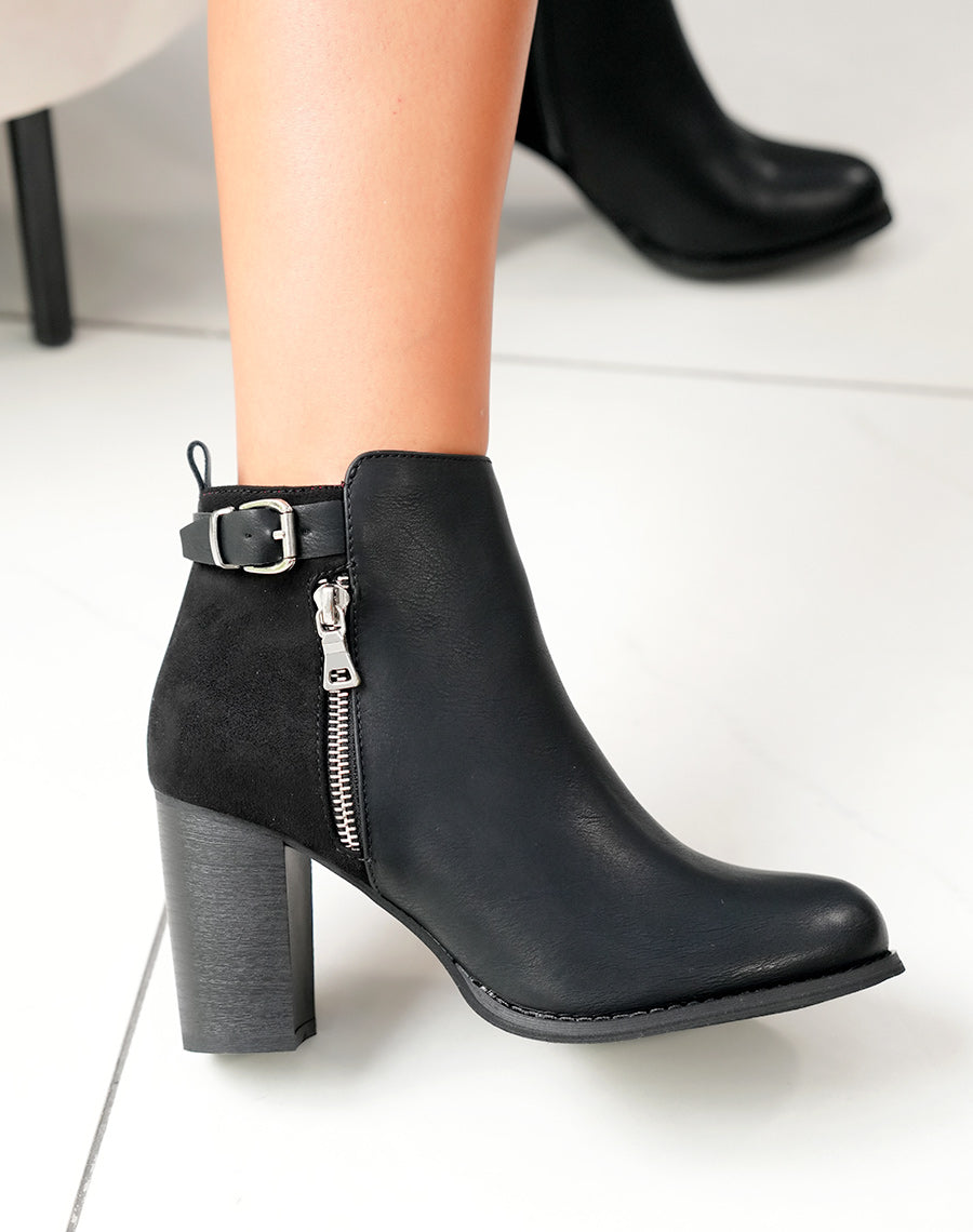 Bottines à talons noires bi matières avec sangle