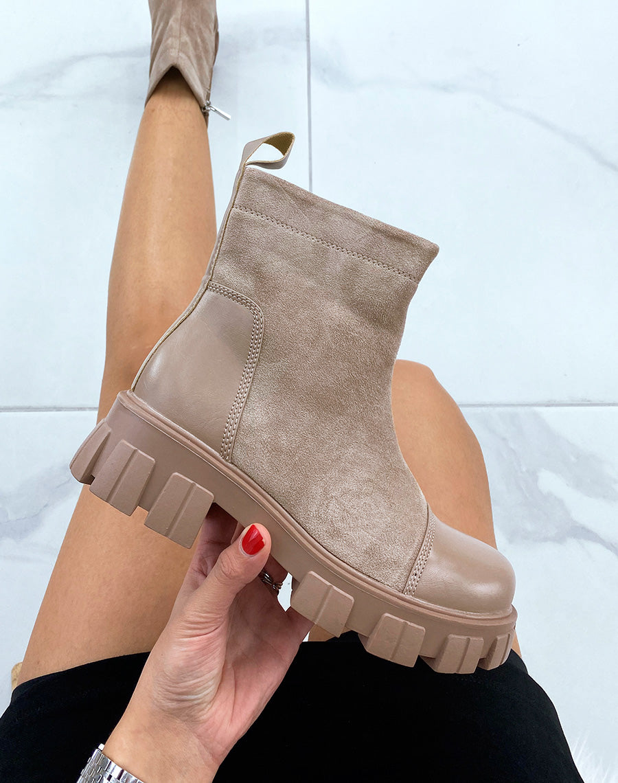 Bottines taupe bi-matières en suédine