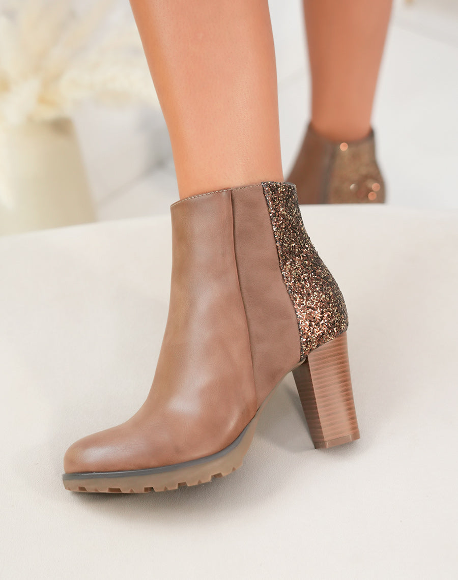 Bottines taupes triple matière à paillettes et à talon