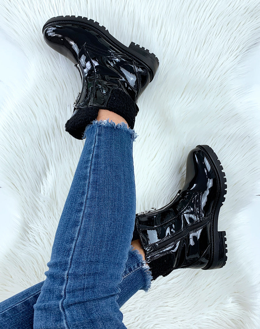 Bottines vernies noires montantes fourrées