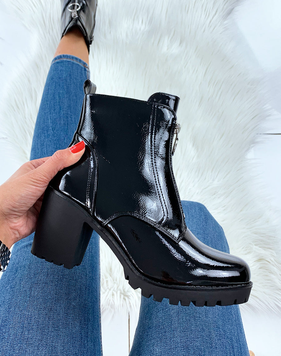 Bottines vernies noires à talon mi-haut