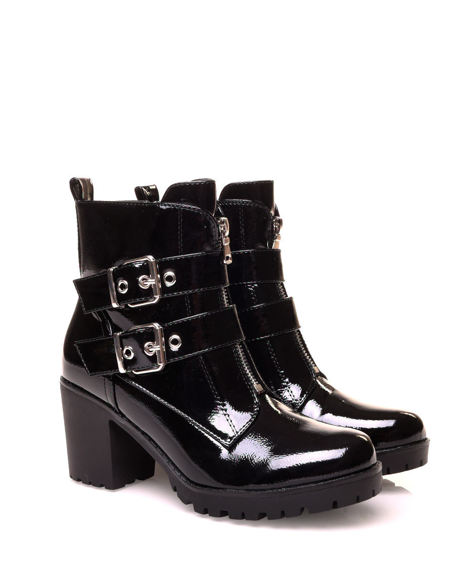 Bottines vernis noir à talon à multiples sangles
