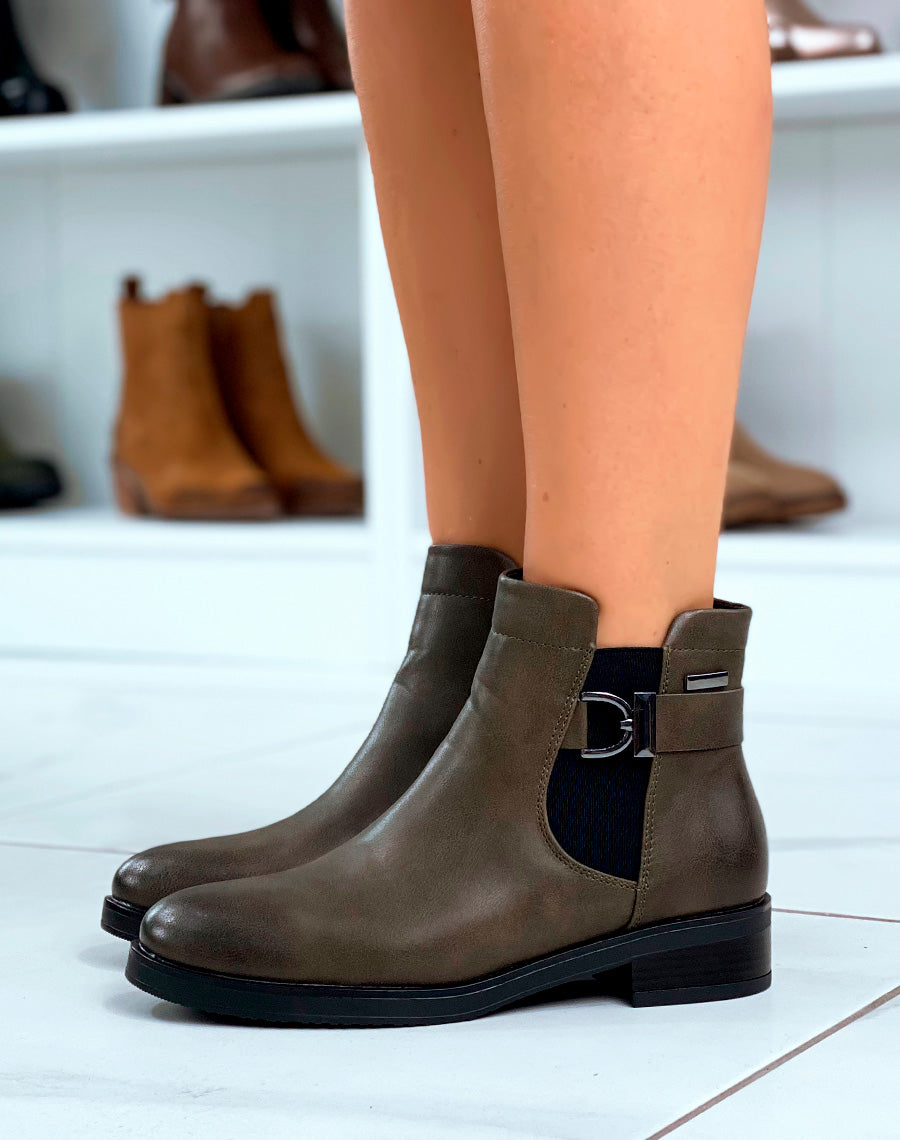 Bottines vertes kaki à élastique et détail argentés