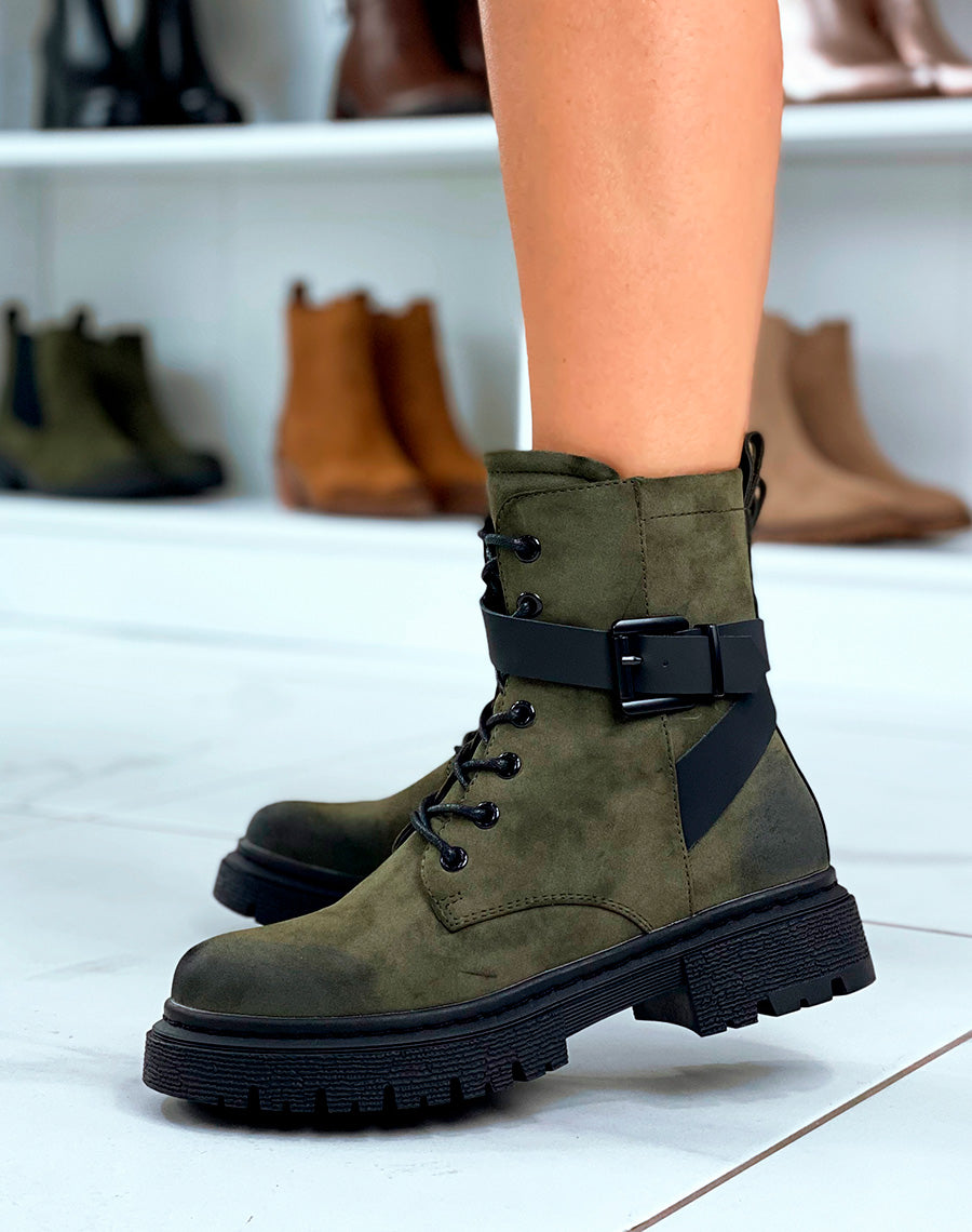 Bottines Vertes à Lacet avec Brides Ajustables pour Femmes