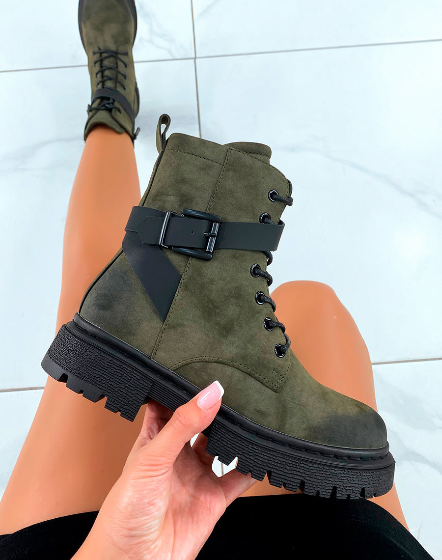 Bottines Vertes à Lacet avec Brides Ajustables pour Femmes