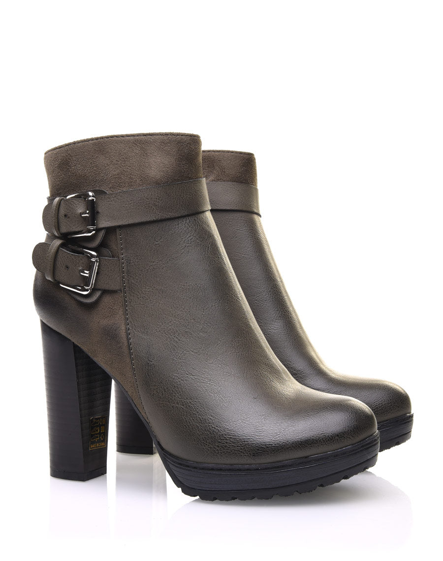 Bottines vertes à talons bi-matières