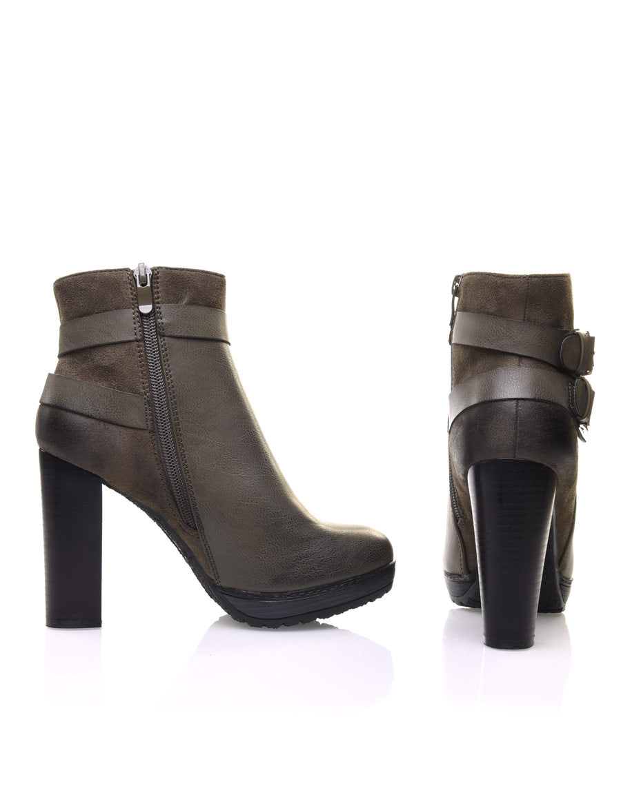 Bottines vertes à talons bi-matières