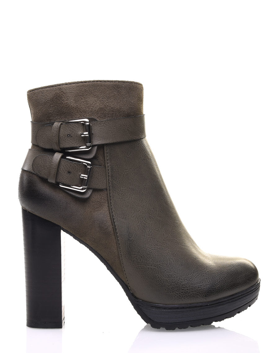 Bottines vertes à talons bi-matières
