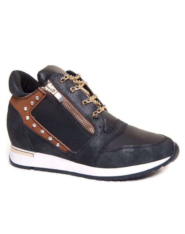 Chaussure femme Ideal: Basket noire avec lacet en chaîne