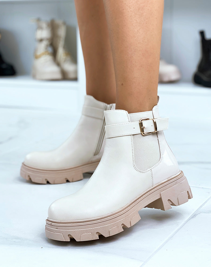 Chelsea beiges bi-matière à sangle dorée et semelle talonnée crantée