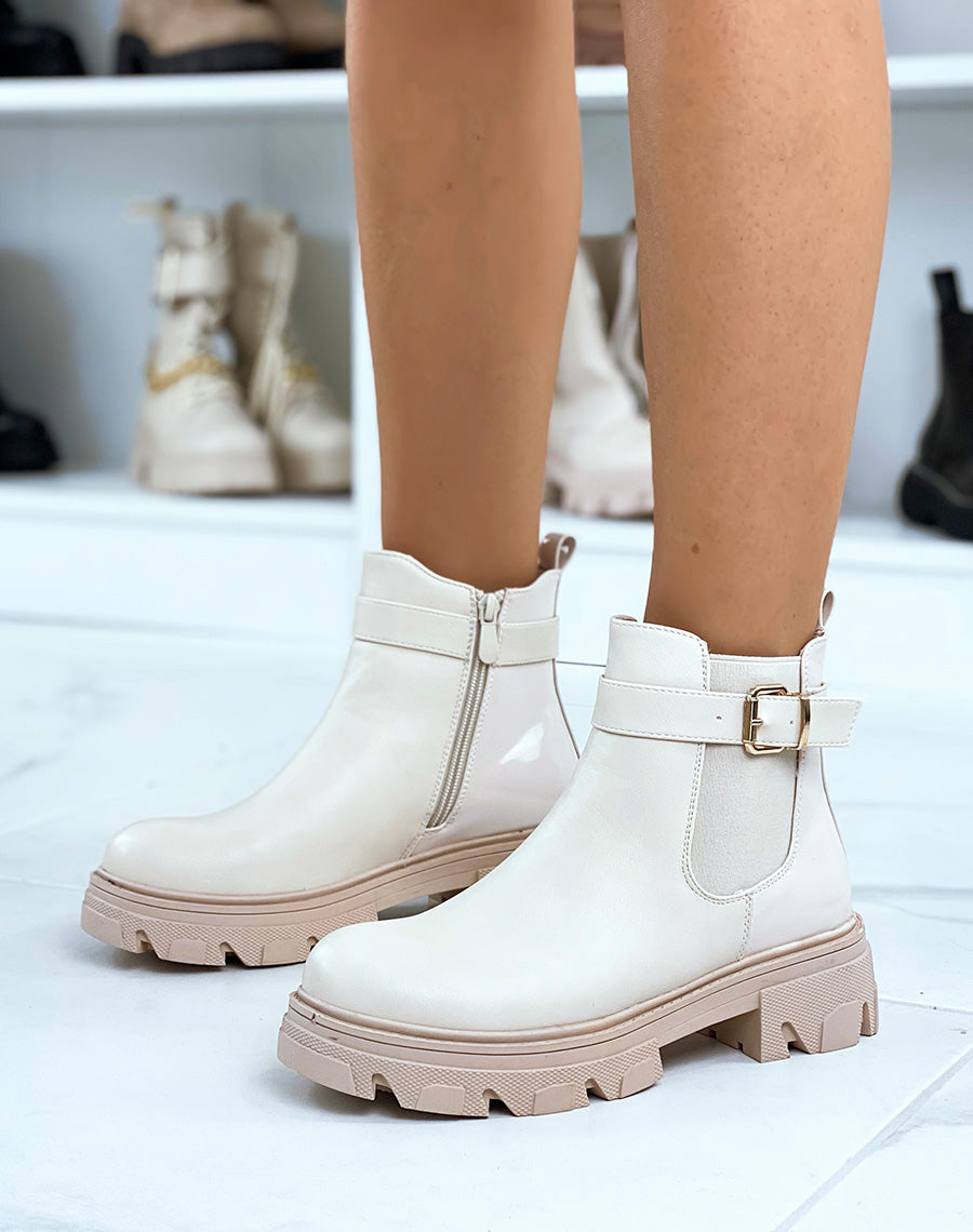 Chelsea beiges bi-matière à sangle dorée et semelle talonnée crantée