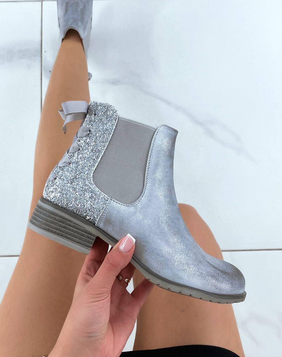Chelsea boots basses argentées à paillettes et noeud