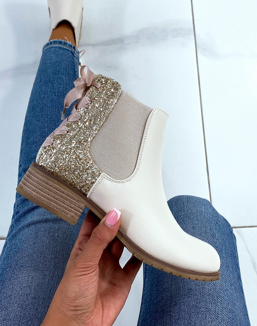 Chelsea boots basses beiges à paillettes et noeud