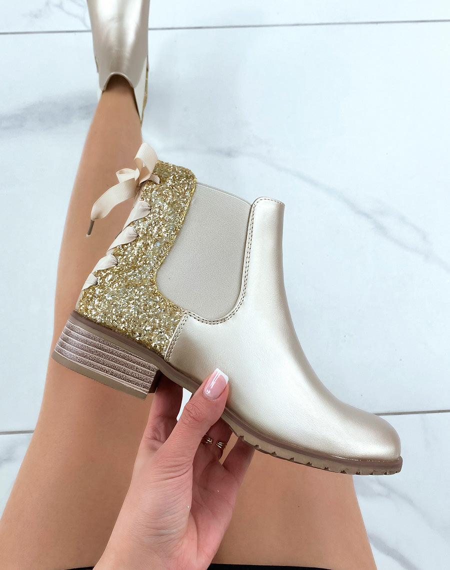Chelsea boots basses dorées à paillettes et noeud