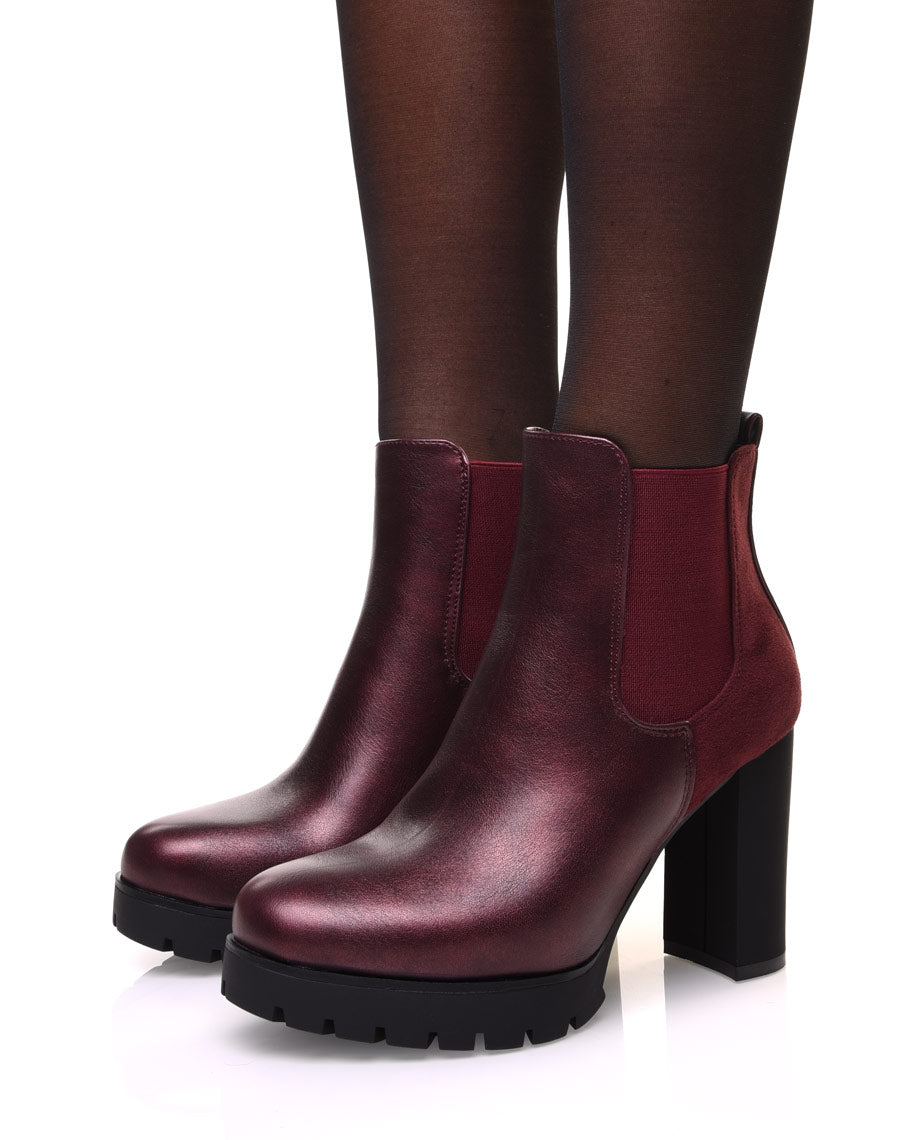 Chelsea boots bordeaux bi matières à talons et plateforme crantée