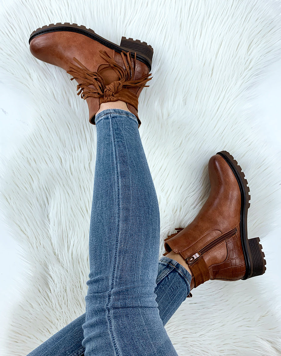 Chelsea boots camel bi-matière à frange