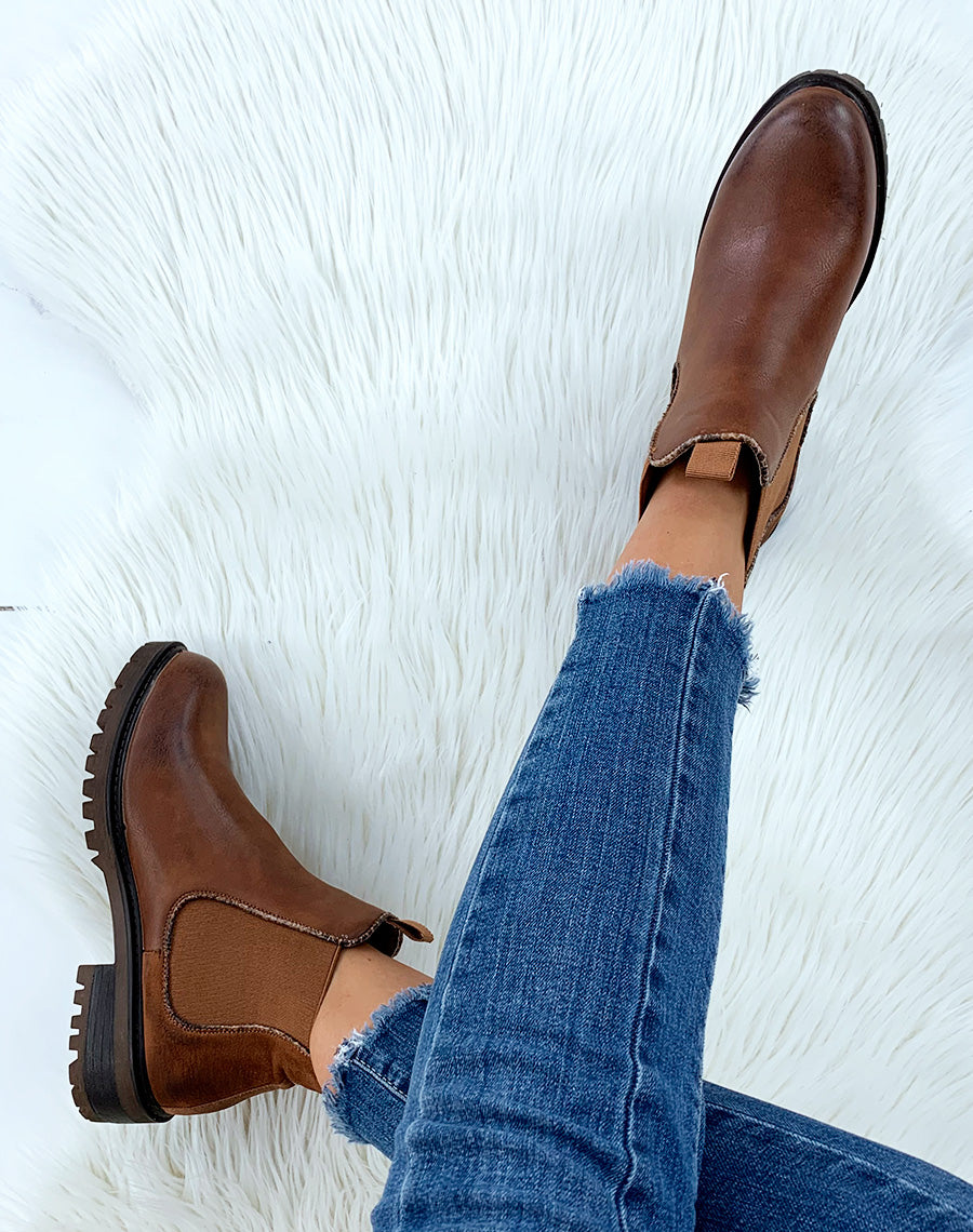 Chelsea boots camel bi-matières à détails effet python