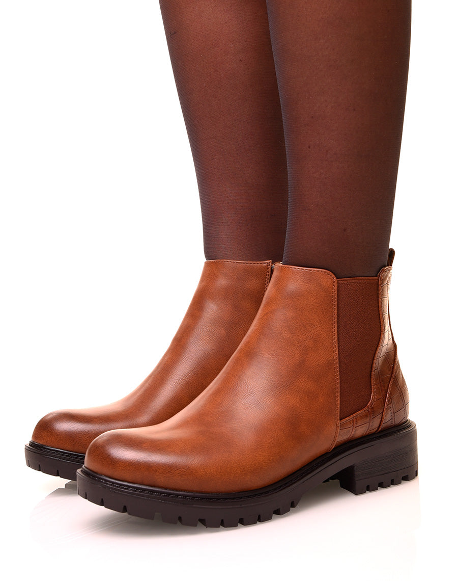 Chelsea boots camel bi-matières à semelles crantées