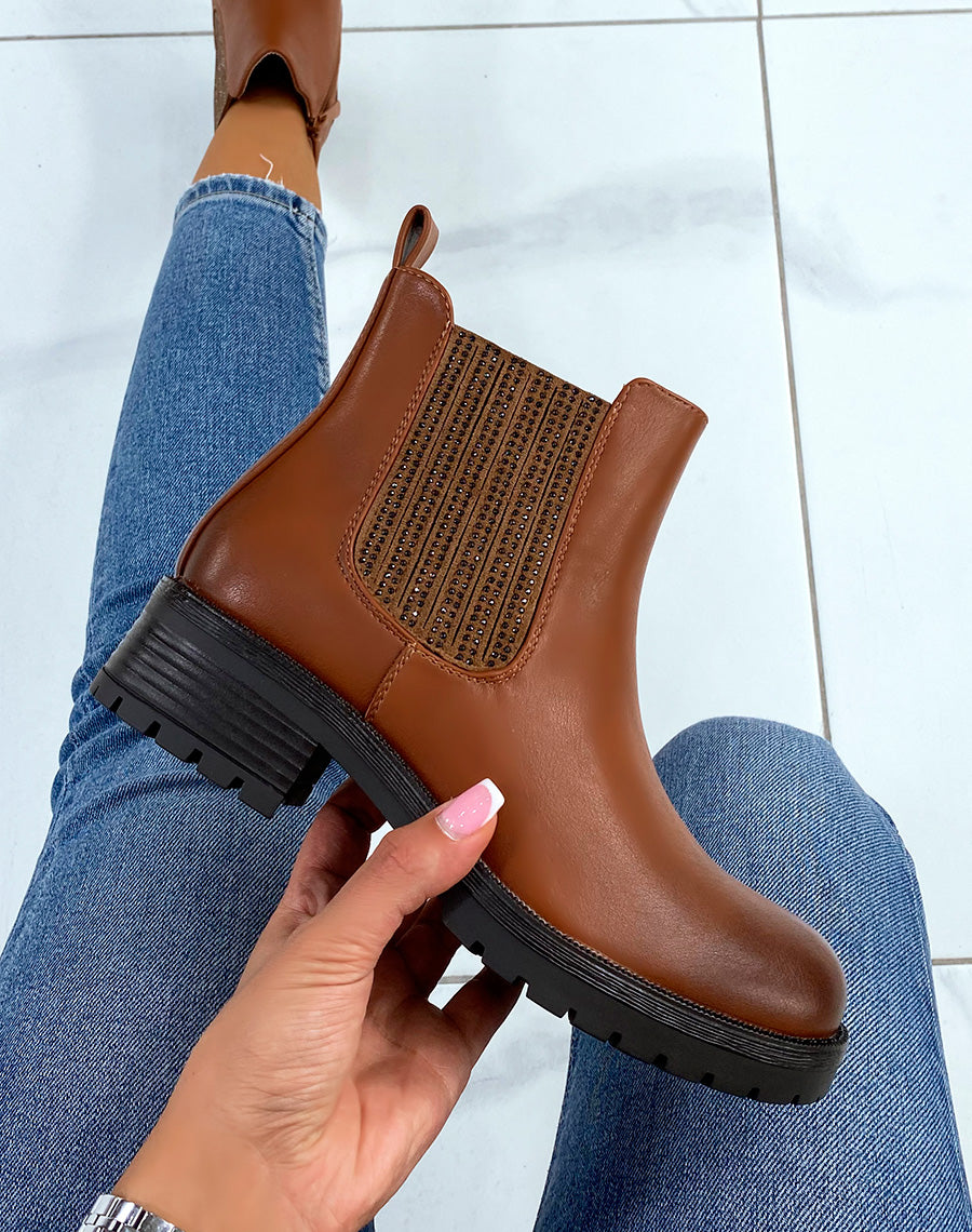 Chelsea boots camel à élastique à strass