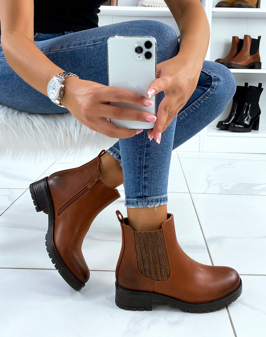 Chelsea boots camel à élastique à strass