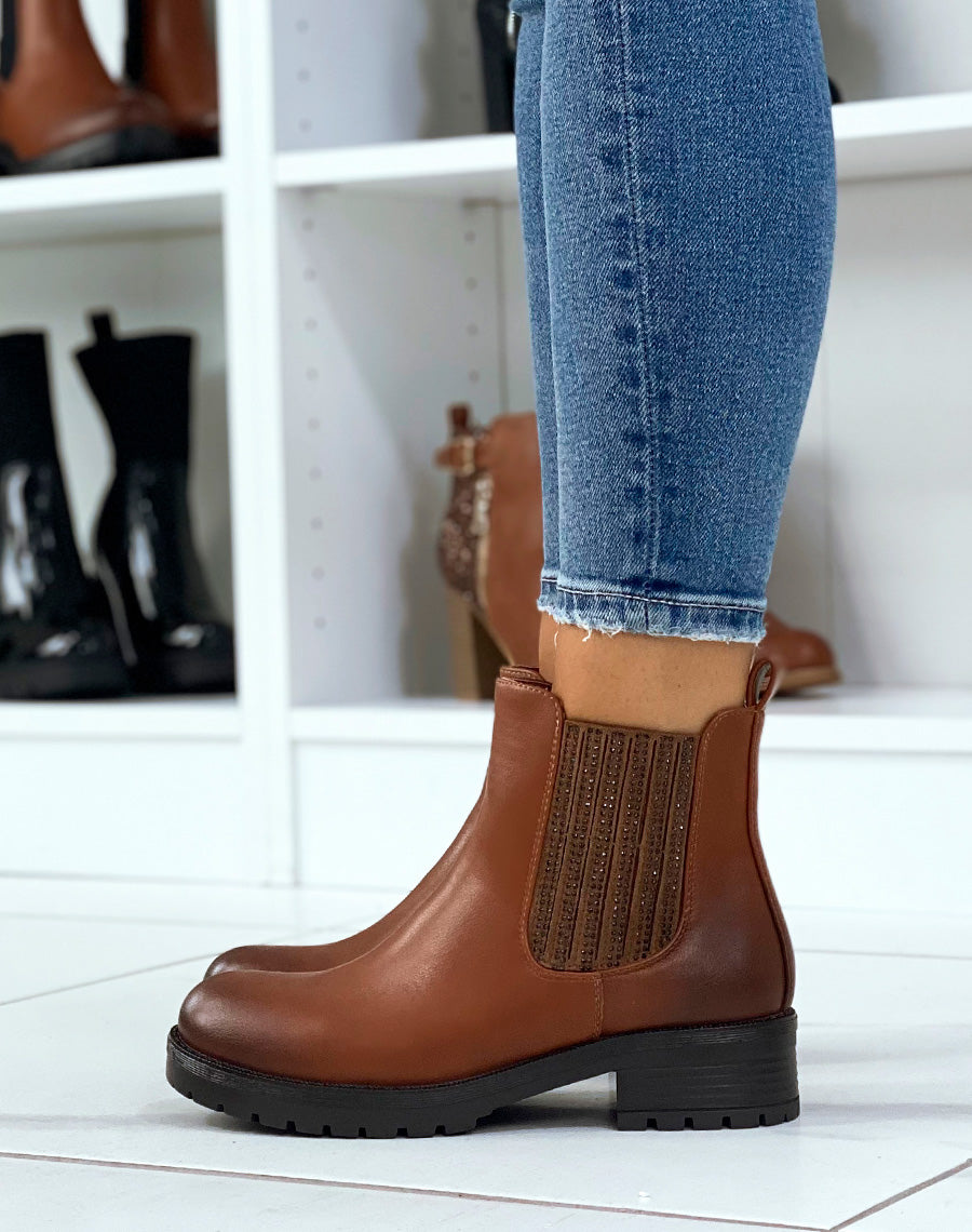 Chelsea boots camel à élastique à strass
