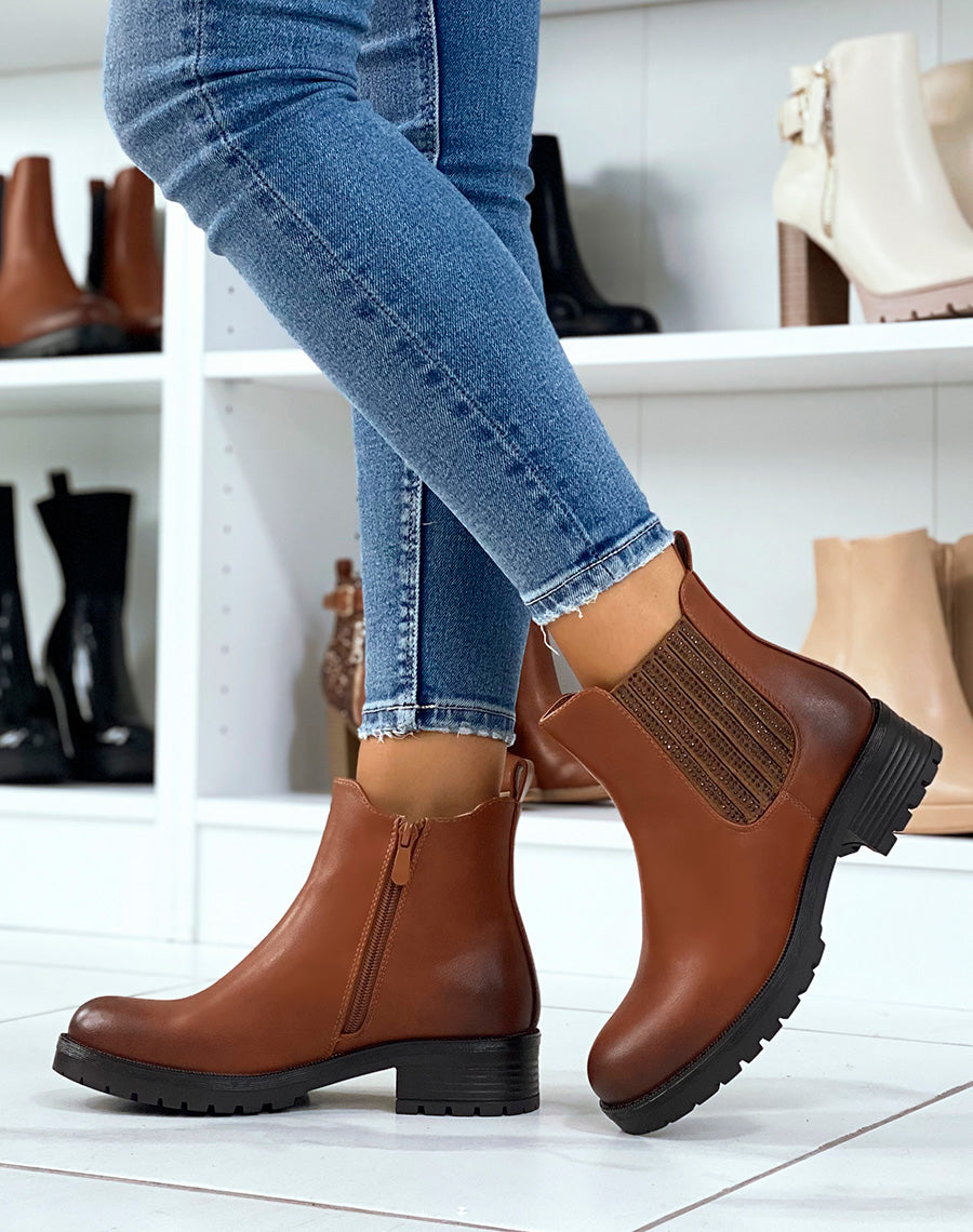 Chelsea boots camel à élastique à strass