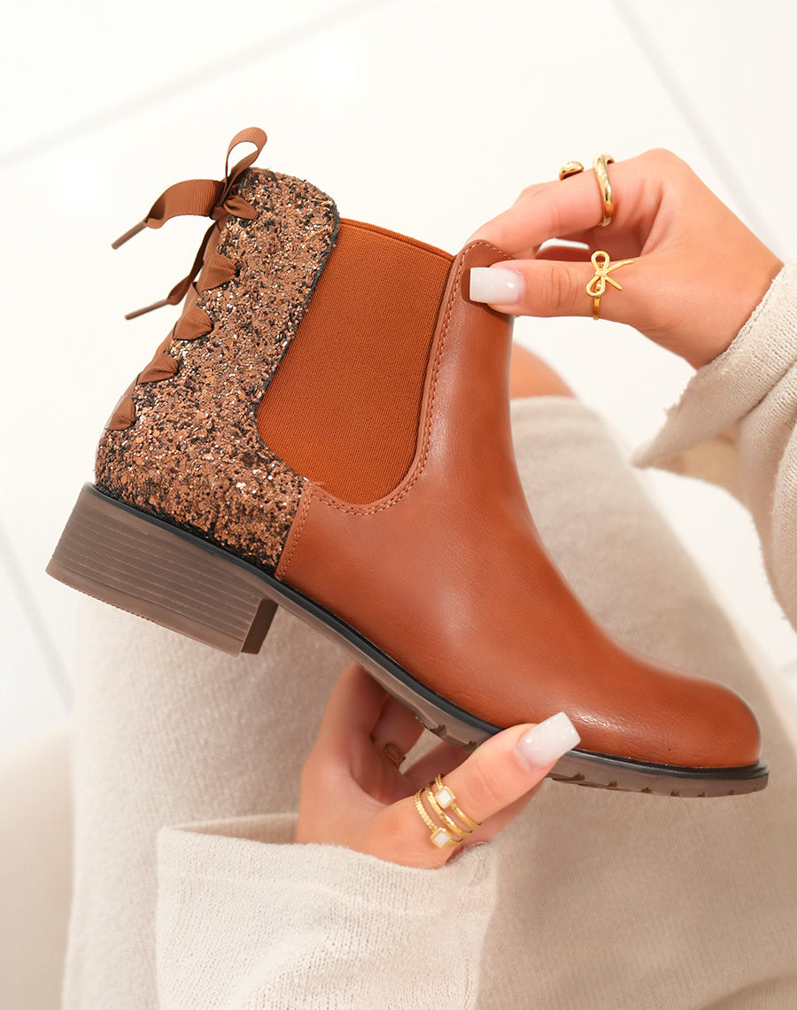 Chelsea boots camel à paillettes avec nœud