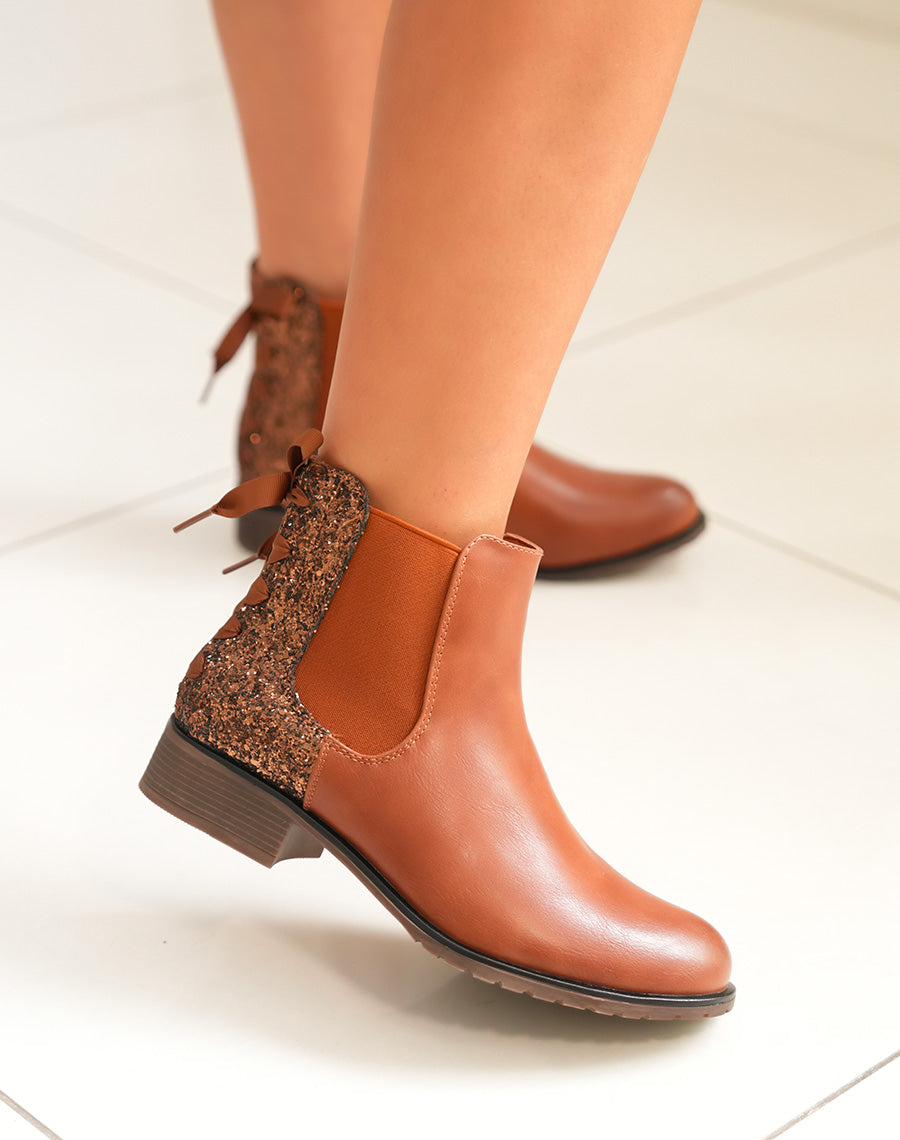 Chelsea boots camel à paillettes avec nœud