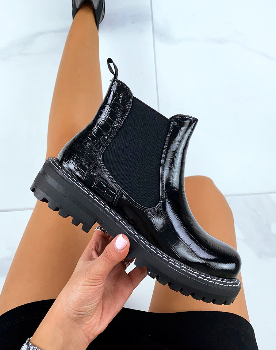 Chelsea boots effet croco noir à grosse plateforme