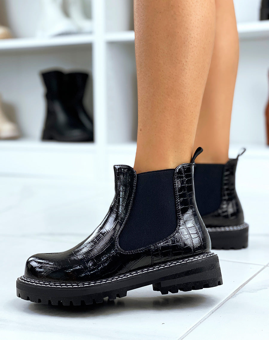 Chelsea boots effet croco noir à grosse plateforme