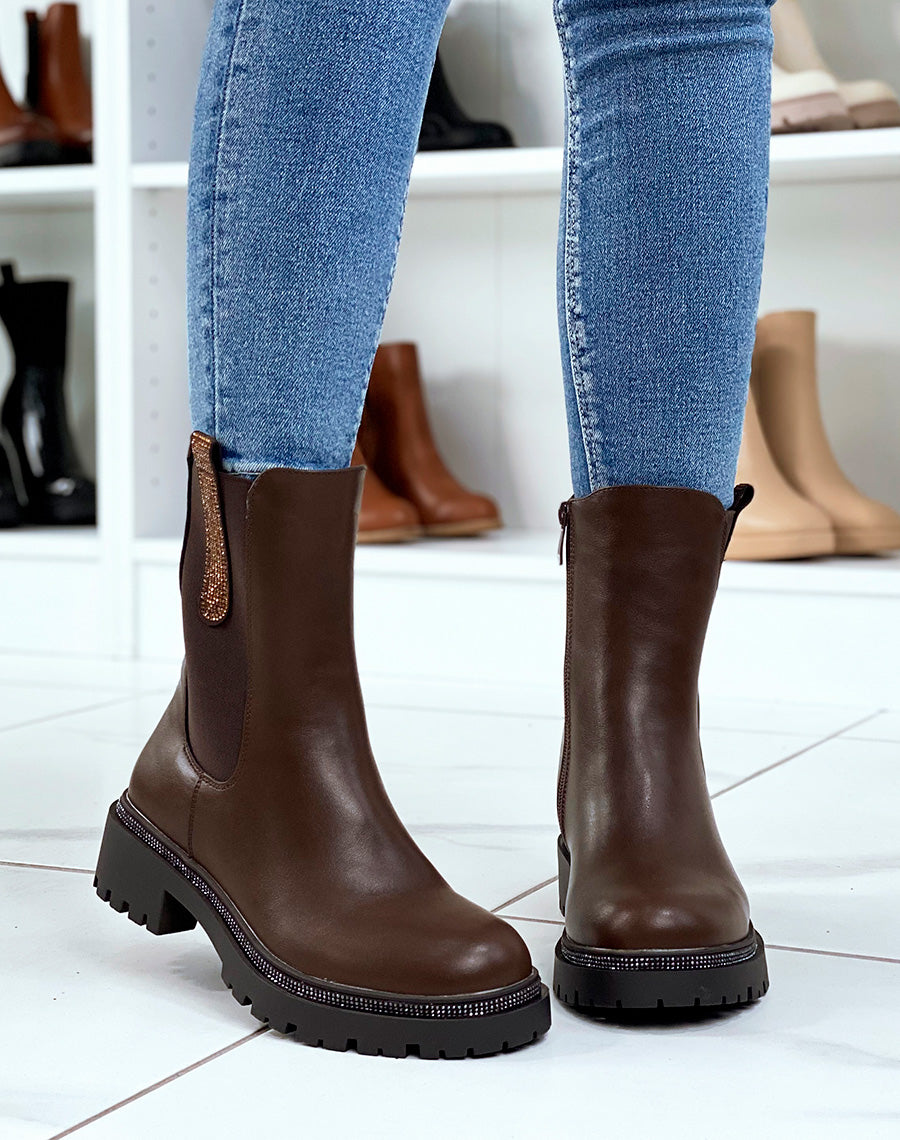 Chelsea boots marrons à détails à strass