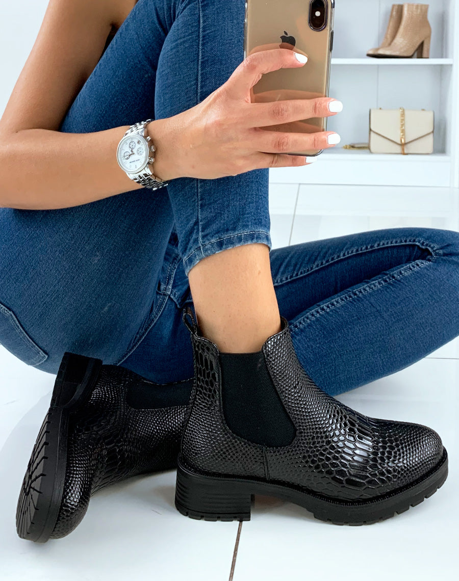 Chelsea boots noire effet croco vernie