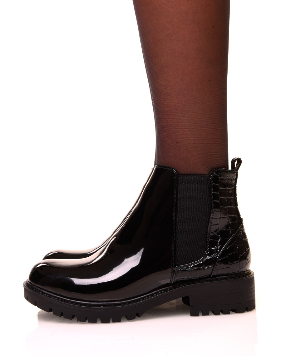 Chelsea boots noires bi-matières effet croco