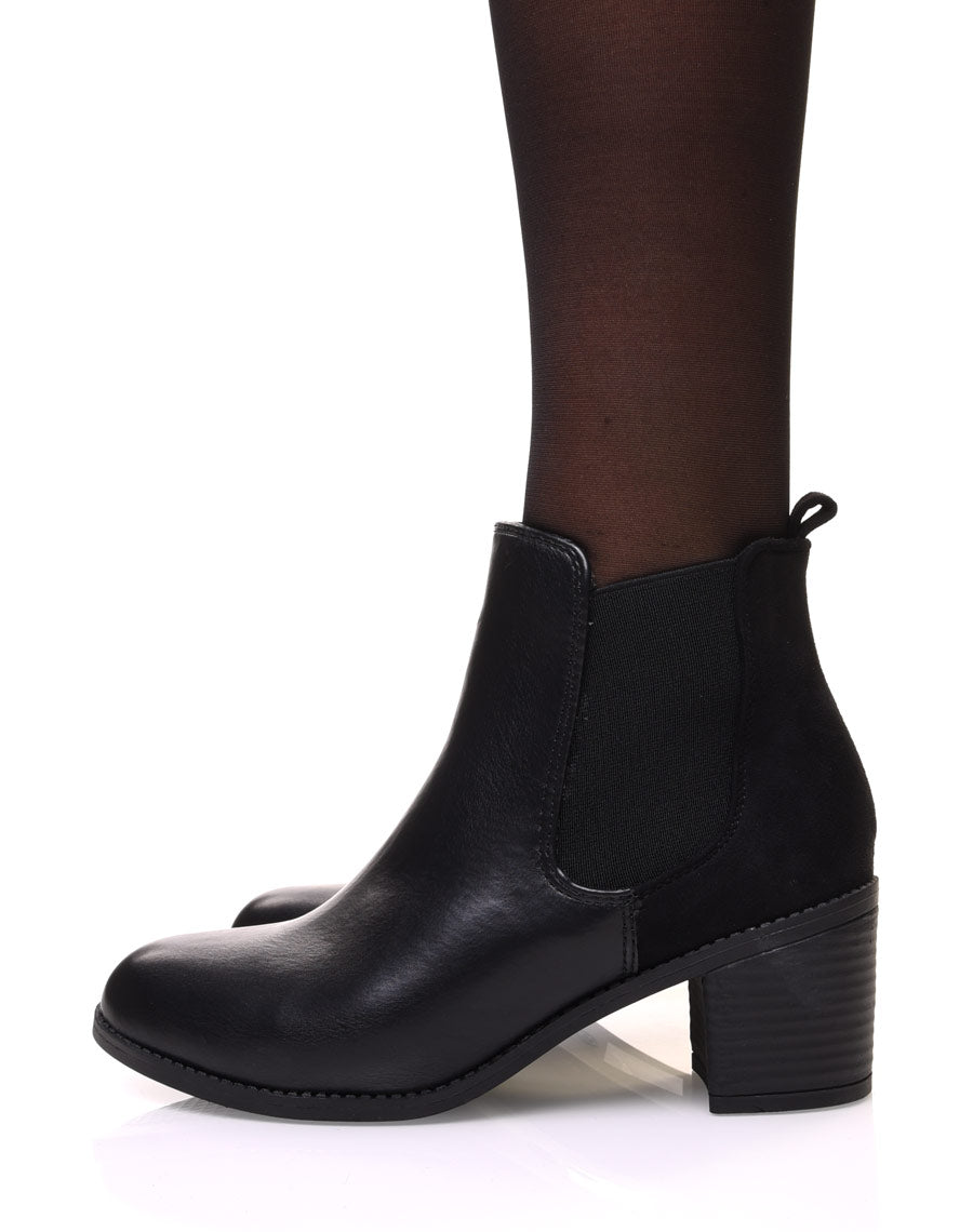 Chelsea boots noires bi matières à talon mi haut